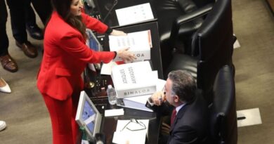 Senadora priista coloca carpetas de homicidios y desaparecidos frente al escaño de Enrique Inzunza
