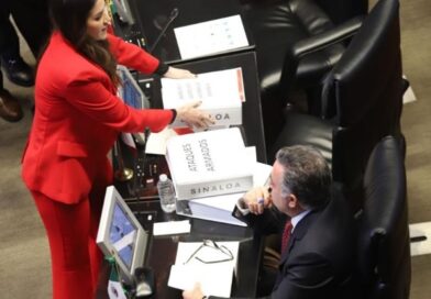 Senadora priista coloca carpetas de homicidios y desaparecidos frente al escaño de Enrique Inzunza